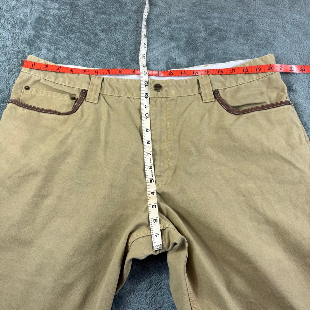 Eddie Bauer Mens 42x32 Khaki Tan Cotton Canvas Leather Trim Straight Leg Pants - Picture 5 of 13